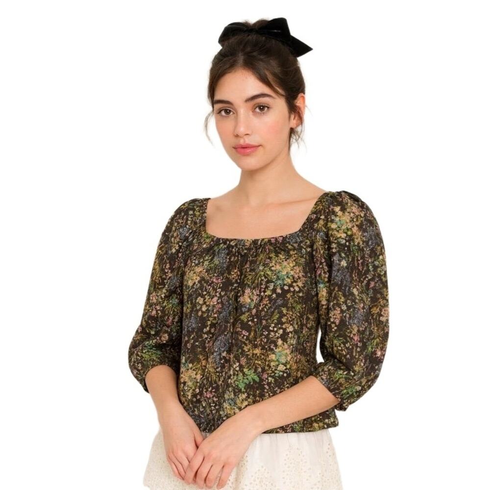 Lauren Conrad Floral Print Long Sleeves Square Neck forest Fairy Blouse‎ Size XS